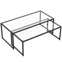 HOMCOM Lot de 2 tables basses gigognes tables de salon rectangulaires design en acier noir et plateaux en verre trempé(m-12)