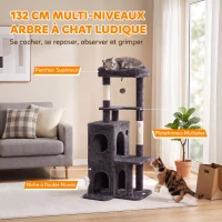 PawHut Arbre à Chat 4 Niveaux 132 cm, Niche, Lit, Plateforme, Poteaux à Griffer en Sisal, Jouets Suspendus, Gris Foncé(m-4)