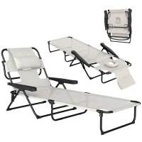 Outsunny Chaise longue de jardin pliante dossier réglable sur 4 niveaux, trou de lecture et appui-tête 72 x 194 x 89 cm crème(m-16)