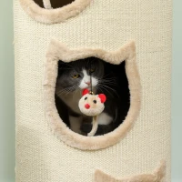 PawHut Tonneau à gratter, tour à griffer en sisal et bord en peluche, 3 niveaux avec plate-forme, stable, Ø 38 x 96 cm crème(m-9)
