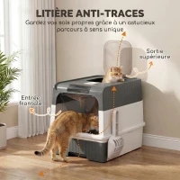 PawHut Maison de Toilette pour Chat avec Couvercle, Entrées, Plateau Coulissant, Pelle, Sachets Désodorisants, 48x35x36cm, Gris(m-4)