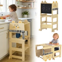 AIYAPLAY Tour d'Apprentissage Enfant 3 en 1, Tour d'Observation Enfant Pliable avec Tableau Noir, Motif Chat, Naturel(m-12)