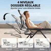 Outsunny Chaise longue de jardin pliante dossier réglable sur 4 niveaux, trou de lecture et appui-tête 72 x 194 x 89 cm crème(m-5)