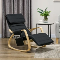 HOMCOM Silla Mecedora con Reposapiés Ajustable en 5 Posiciones Bolsillo Lateral Reposabrazos de Madera Reposacabezas Negro(m-2)