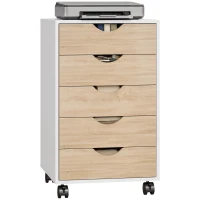 HOMCOM Büroschubladenkommode auf Rollen mit 5 Schubladen, mobiler Aktenschrank für Arbeitszimmer Wohnzimmer 40x40x67 cm Weiß und Natur(m-8)