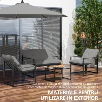 Outsunny Set de Grădină 4 Piese cu Canapea, 2 Fotolii și Măsuță, din Oțel, Poliester și Bumbac PP, Negru și Gri(m-6)