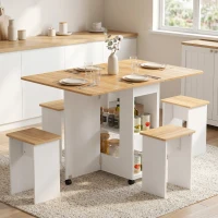 HOMCOM Conjunto de Mesa de Jantar Dobrável com 4 Bancos Ocultos, 2 Abas Rebatíveis, Rodas e Prateleiras, Carvalho(m-2)