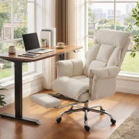 HOMCOM Bürostuhl Höhenverstellbarer Drehstuhl mit Lendenwirbelstütze, Fußstütze, Schneeflanell, 80 x 80 x 106-114 cm Cremeweiß(m-2)