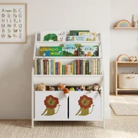 AIYAPLAY Bibliotecă Montessori pentru Copii 3-8 Ani cu 4 Rafturi și 2 Cutii cu Imprimeu Leu, Alb(m-9)