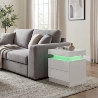 HOMCOM Comodino LED RGB con 2 cassetti, 4 Modalità di luce e 16 colori, in Legno, 45x35x52 cm, Bianco(m-9)