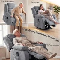 HOMCOM Aufstehsessel mit Massagefunktion und Lendenheizung, Recliner-Sessel mit Fernbedienungen und Seitentaschen, Hellgrau(m-4)