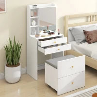 HOMCOM Schminktisch mit Spiegel und gepolstertem Hocker, kompakter Frisiertisch mit Schrank, Schubladen und offenen Ablagen, Weiß(m-2)