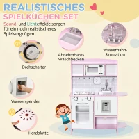 HOMCOM Bucătărie de Jucărie pentru Copii, cu Lumini și Sunete, Dozator Apă, Chiuvetă și Accesorii, MDF, PP, Roz(m-4)