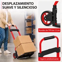 HOMCOM Carretilla Plegable con Mango Telescópico Ajustable Carga 60 kg Carretilla de Mano con Ruedas para Garaje Oficina Rojo(m-5)
