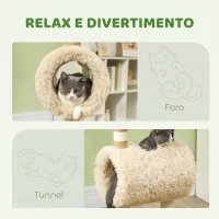 PawHut Albero Tiragraffi per Gatti a Forma di Pecora con Naso Nero, Pali in Juta, Tunnel e Pallina, Marrone Chiaro(m-5)