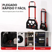 HOMCOM Carretilla Plegable con Mango Telescópico Ajustable Carga 60 kg Carretilla de Mano con Ruedas para Garaje Oficina Rojo(m-4)