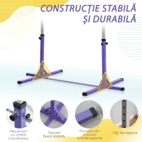 HOMCOM Bară de Gimnastică pentru Copii 3+ Ani cu Înălțime Reglabilă, Oțel și Lemn de Fag, Violet(m-6)