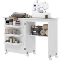 HOMCOM Mobile per Macchina da Cucire Pieghevole con Piano Ampio, 3 Contenitori, Mensola Inferiore, Ruote, Bianco(m-11)