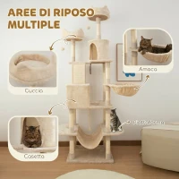 PawHut Tiragraffi per Gatti Alto 206 cm con 4 Pali Graffiatoi, Grotte, Cesti, Amache, per 1-3 Gattini 6 kg, Beige(m-4)
