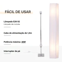 HOMCOM Candeeiro de Pé com 2 Casquilhos E27, Ecrã em Tecido, Interruptor de Pedal e Base em Aço Inoxidável, Branco(m-6)