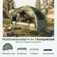 Outsunny Campingbed voor volwassenen - 4-in-1 set met tent, slaapzak, matras en waterdichte comfortabel opvouwbare, donkergroen(m-4)