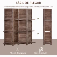 HOMCOM Biombo Plegable de 4 Paneles de Madera 162x170 cm Biombo Separador de Ambientes con 3 Estantes Nogal(m-4)
