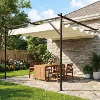 Outsunny Pérgola de Pared de Jardín 3x3 m con Techo Retráctil Protección UPF30+ Drenaje Cenador de Jardín para Exterior Crema(m-10)