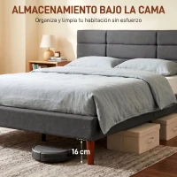 HOMCOM Cama Tapizada 140x200 cm con Cabecero Acolchado de Rejilla Almacenaje Inferior Láminas de Madera Gris(m-6)