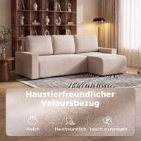 HOMCOM Ecksofa mit Schlaffunktion und umkehrbarer Chaiselongue, L-förmiges 3-Sitzer Sofa aus Veloursbezug, Beige(m-7)