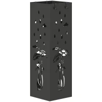 HOMCOM Suport de Umbrele Pătrat din Metal pentru Intrare, Suport Autoportant cu Tavă Detașabilă și 4 Cârlige, pentru Interior și Exterior, 15.5x15.5x49 cm, Negru(m-1)