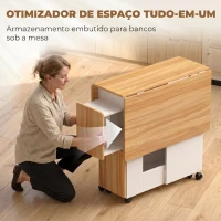 HOMCOM Conjunto de Mesa de Jantar Dobrável com 4 Bancos Ocultos, 2 Abas Rebatíveis, Rodas e Prateleiras, Carvalho(m-5)