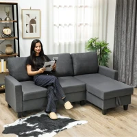 HOMCOM Divan Pat cu 3 Locuri și Chaise și Spațiu de Depozitare, din Țesătură cu Efect de Lin, 197x129x85 cm, Gri Antracit(m-2)