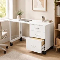 HOMCOM Scrivania Ufficio Pieghevole con 3 Cassetti, 4 Ruote con Freno, Bianco(m-2)