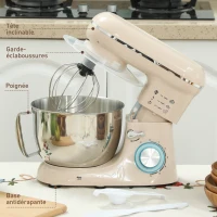 HOMCOM Robot pâtissier 1300 W, robot pétrin professionnel 4,5 L, bol d'acier inoxydable, 6+P vitesses et pulse, beige(m-11)