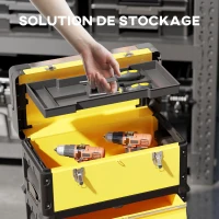 HOMCOM Lot de 3 boîtes à outils sur roulettes empilables et modulaires en acier avec plateau, poignées et serrure, jaune(m-5)