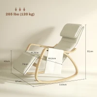 HOMCOM Silla Mecedora con Reposapiés Ajustable en 5 Posiciones Bolsillo Lateral Reposabrazos de Madera Reposacabezas Crema(m-3)