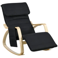 HOMCOM Silla Mecedora con Reposapiés Ajustable en 5 Posiciones Bolsillo Lateral Reposabrazos de Madera Reposacabezas Negro(m-1)