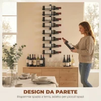 HOMCOM Portabottiglie da Parete in Acciaio per 8 Bottiglie di Vino, Cucina e Sala, 27x10x93.5 cm, Nero(m-5)