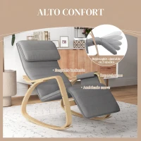 HOMCOM Silla Mecedora con Reposapiés Ajustable en 5 Posiciones Bolsillo Lateral Reposabrazos de Madera Reposacabezas Gris(m-5)