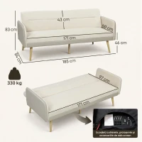 HOMCOM Canapea extensibilă 3 locuri cu spătar rabatabil și tapițerie cu efect de catifea, 185x84x83 cm, bej(m-3)