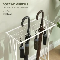 HOMCOM Portaombrelli con Vaschetta per l'Acqua, 21 Fori e 24 Ganci per Ombrello, in Acciaio, 50x24x68 cm, Bianco(m-4)