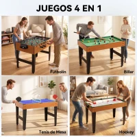 HOMCOM Mesa Multijuegos 4 en 1 con Futbolín Billar Hockey de Mesa y Ping-pong para Niños y Adultos 107x61x84,5 cm Natural(m-5)