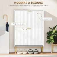 HOMCOM Meuble à chaussures 12 paires avec 2 tiroirs rabattables, portes cannelées et étagères réglables, 60x24x91,5cm, blanc(m-4)