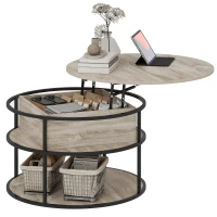 HOMCOM Masă de cafea rotundă cu blat rabatabil, spațiu de depozitare, rafturi laterale, cadru din oțel, masă de cafea, Stejar(m-8)