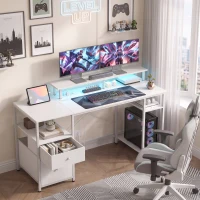 HOMCOM Masă de birou cu lumini LED, sertare, prize, porturi USB și suport pentru monitor 155,5x48x88,5 cm Alb(m-6)