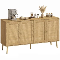 HOMCOM Rattan Sideboard mit 4 Türen, Boho Küchenbuffet mit 2 verstellbaren Einlegeböden, Holzoptik natur(m-12)