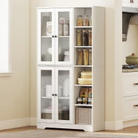 HOMCOM Credenza Cucina Alta, Mobile Dispensa con 4 Ante in Vetro Soft-Close, 6 Ripiani Aperti, Ripiani Regolabili Bianco(m-10)