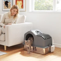 PawHut Maison de Toilette pour Chat avec Couvercle Amovible et Fermé, Côtés Hauts, 60,5x40,5x45cm, Gris Foncé(m-15)