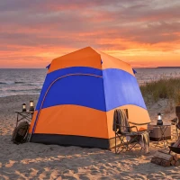 Outsunny Doppellagiges Instant-Pop-Up-Zelt mit Regenschutz, Outdoor Familienzelt für 4 Personen wasserdicht sechseckig 4 Jahreszeiten Kuppelzelt mit Bodenplane 2 Türen Moskitonetz Tragetasche Orange(m-8)