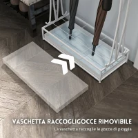 HOMCOM Portaombrelli con Vaschetta per l'Acqua, 21 Fori e 24 Ganci per Ombrello, in Acciaio, 50x24x68 cm, Bianco(m-5)
